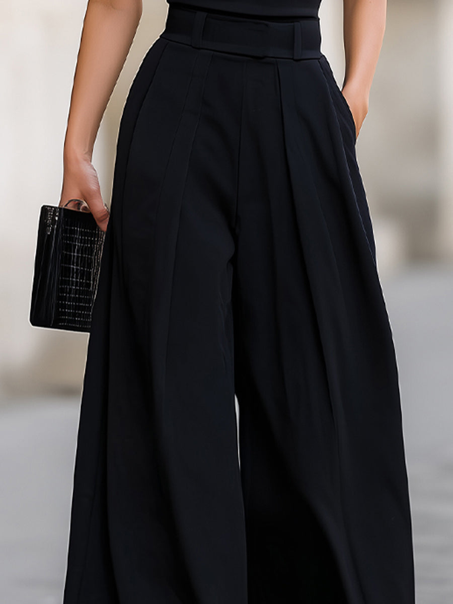 Dalviora™ | Pantalon Jambes Larges Taille Haute À Plis Noir