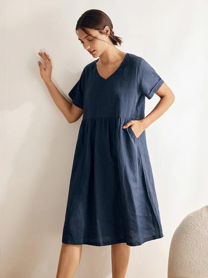 Dalviora™ | Robe Midi Lin CHARLOTTE – Col V Taille Froncée Poches Femme