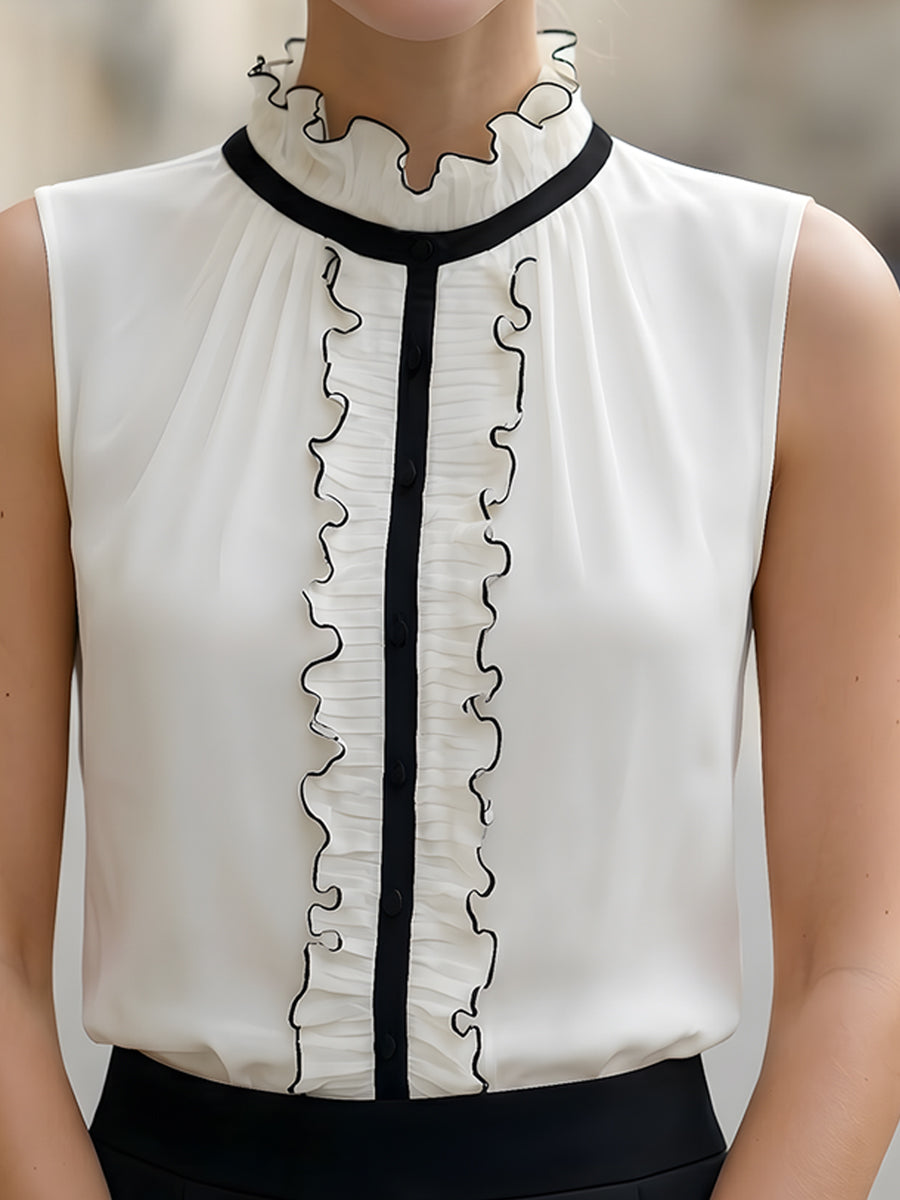 Sleeveless Ruffled Blouse With Black Contrast Trim
