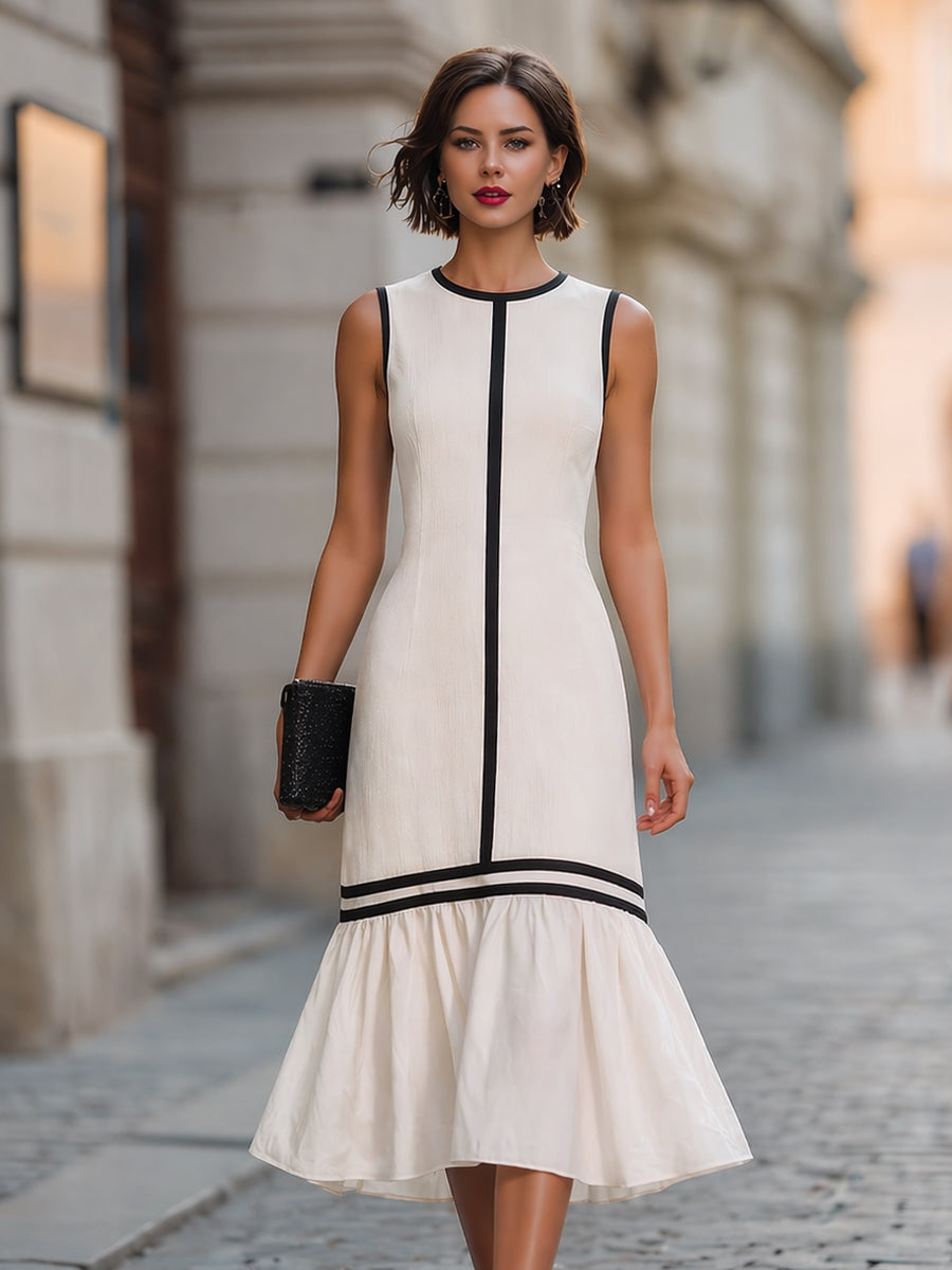 Maxikleid mit kontrastfarbiger Einfassung, ärmellos, ausgestelltem Saum