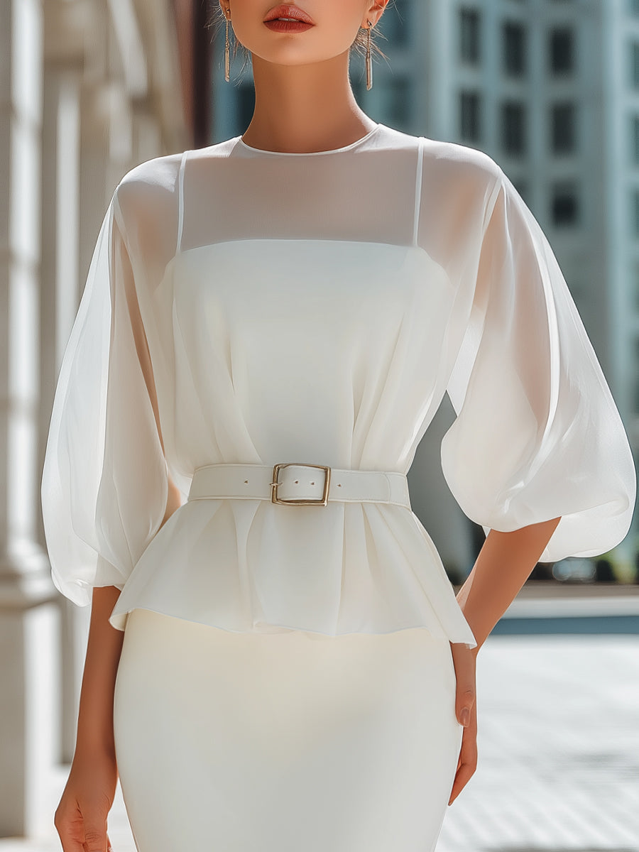 Sheer Chiffon Blouse And Slip Dress Layered Two-Piece Set