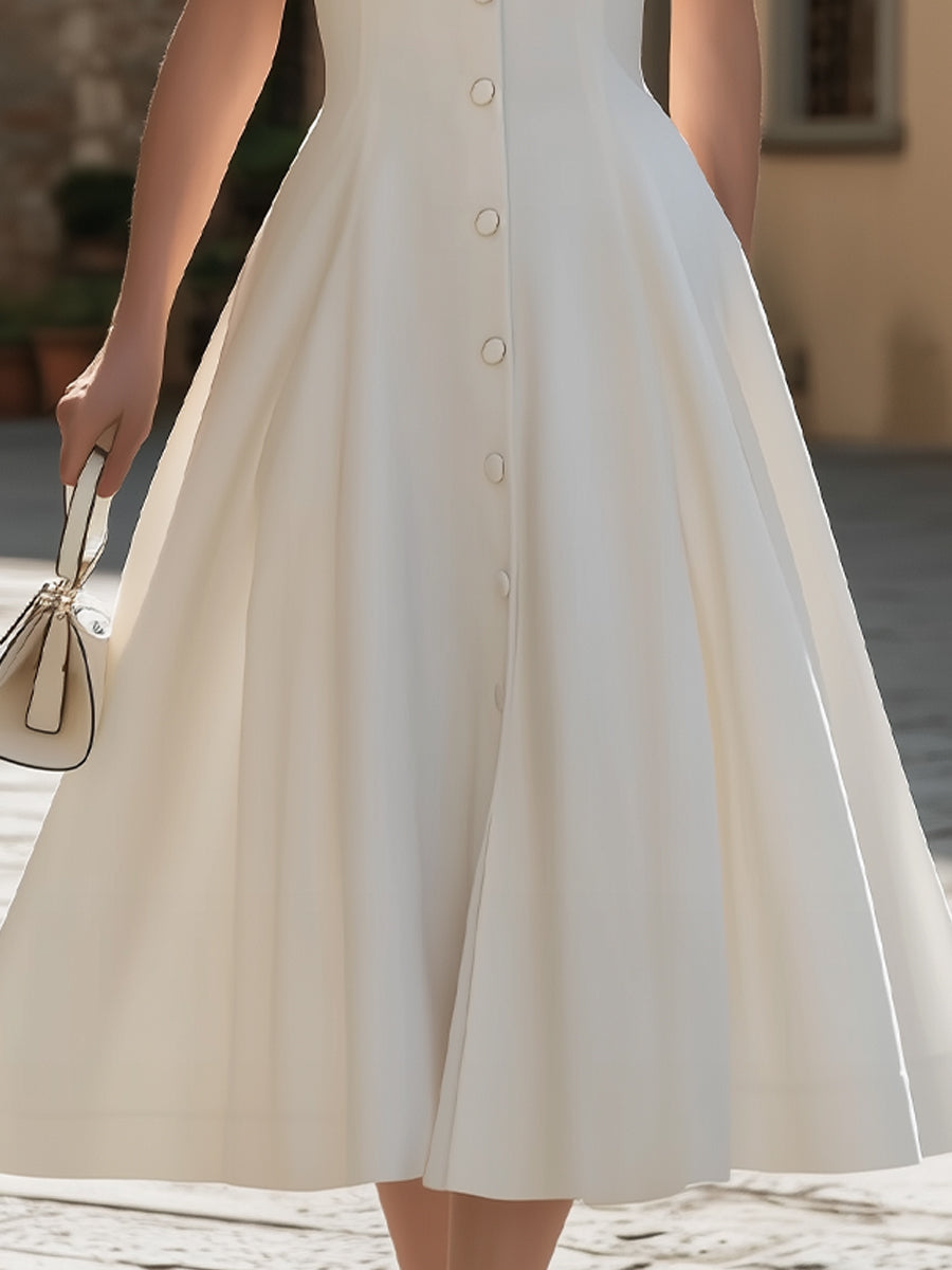 Pointed Collar Short-Sleeve Button-Down A-Line Midi Dress