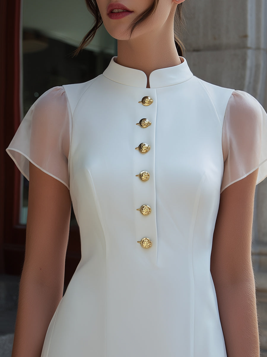 Stand Collar Button-Front Sheer Sleeve Mini Dress
