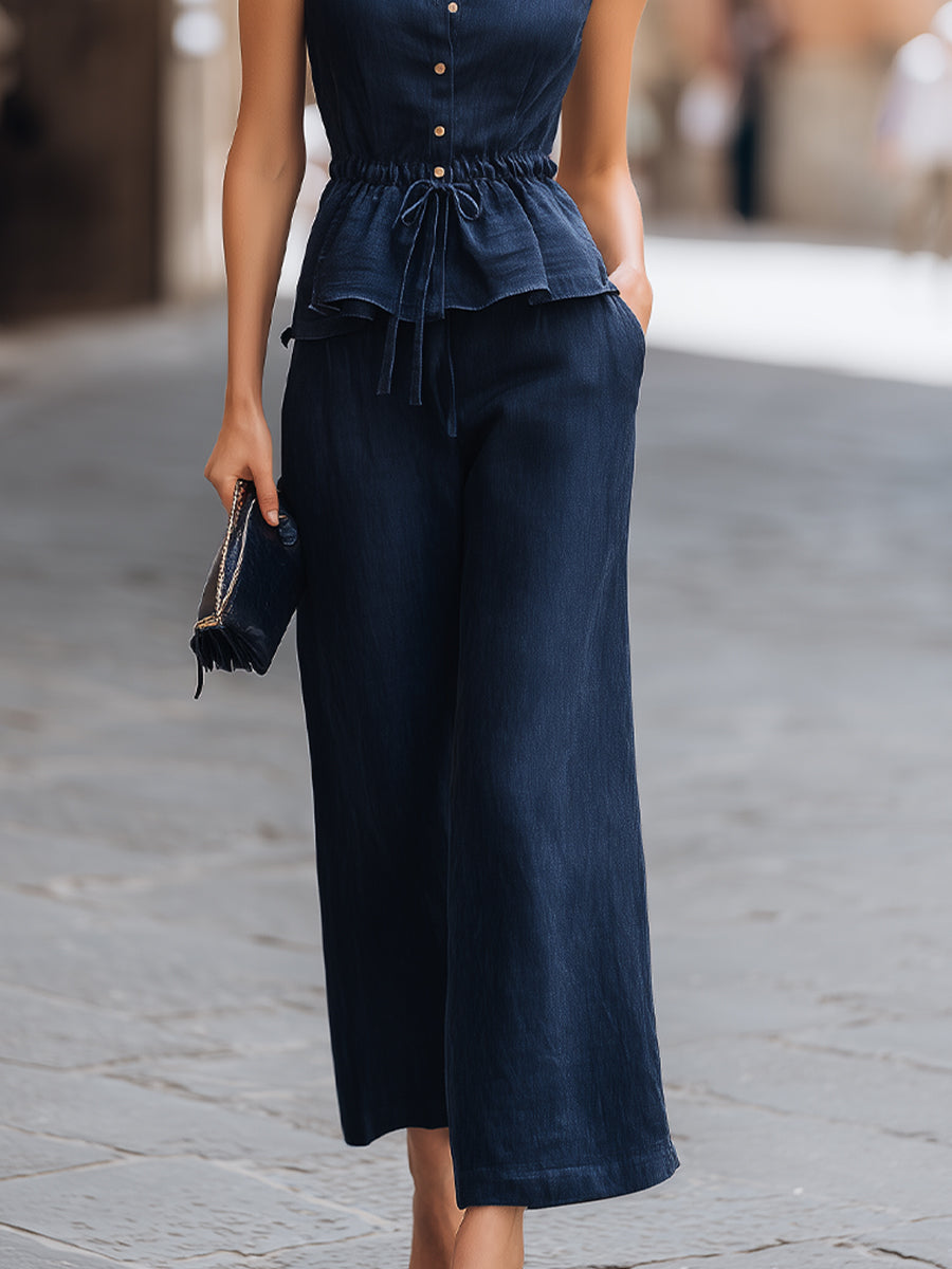 Sleeveless Button-Front Peplum Top And Wide-Leg Pants Set