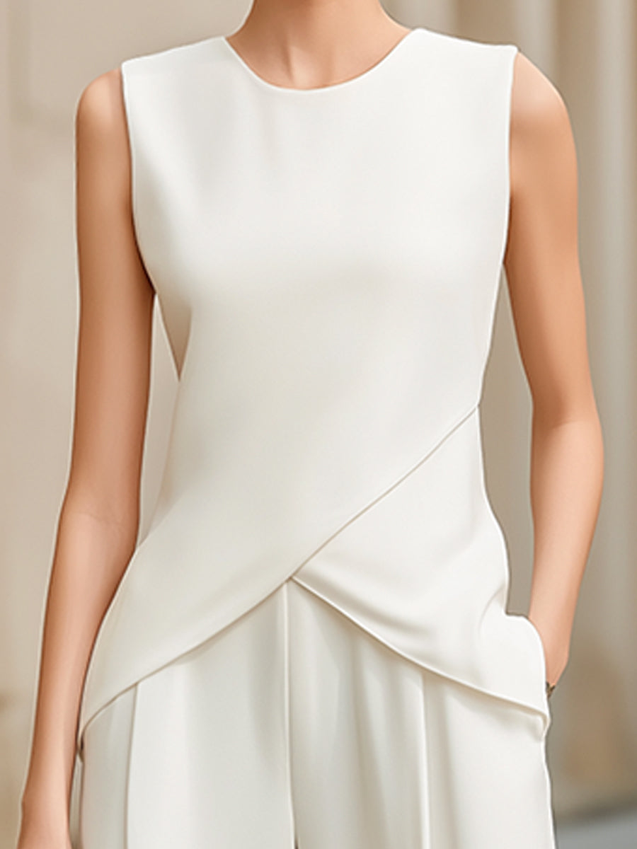 Sleeveless Wrap Top & Wide-Leg Pants Two-Piece Set