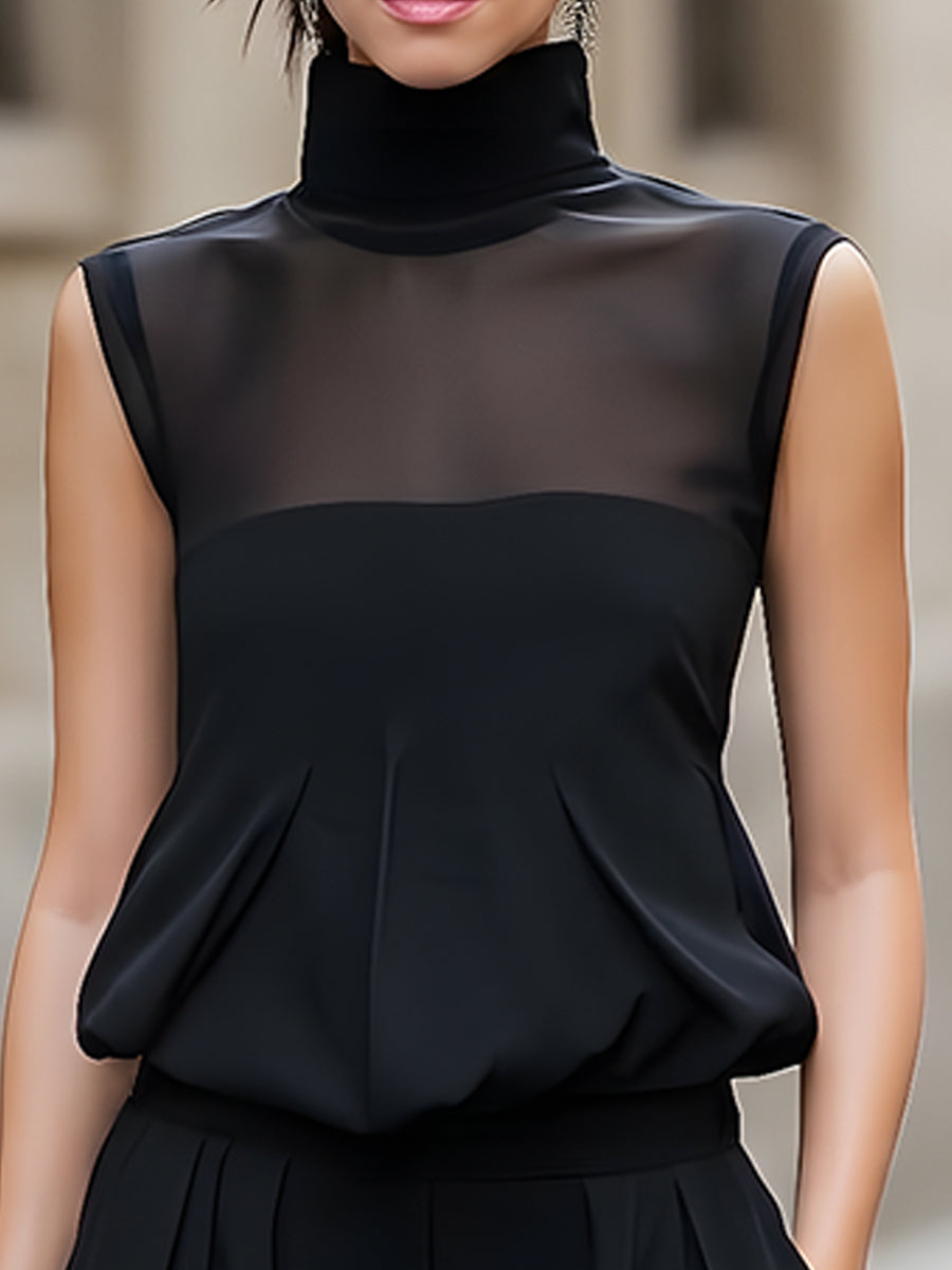 Sheer Panel High-Neck Sleeveless Top And Wide-Leg Trousers Set