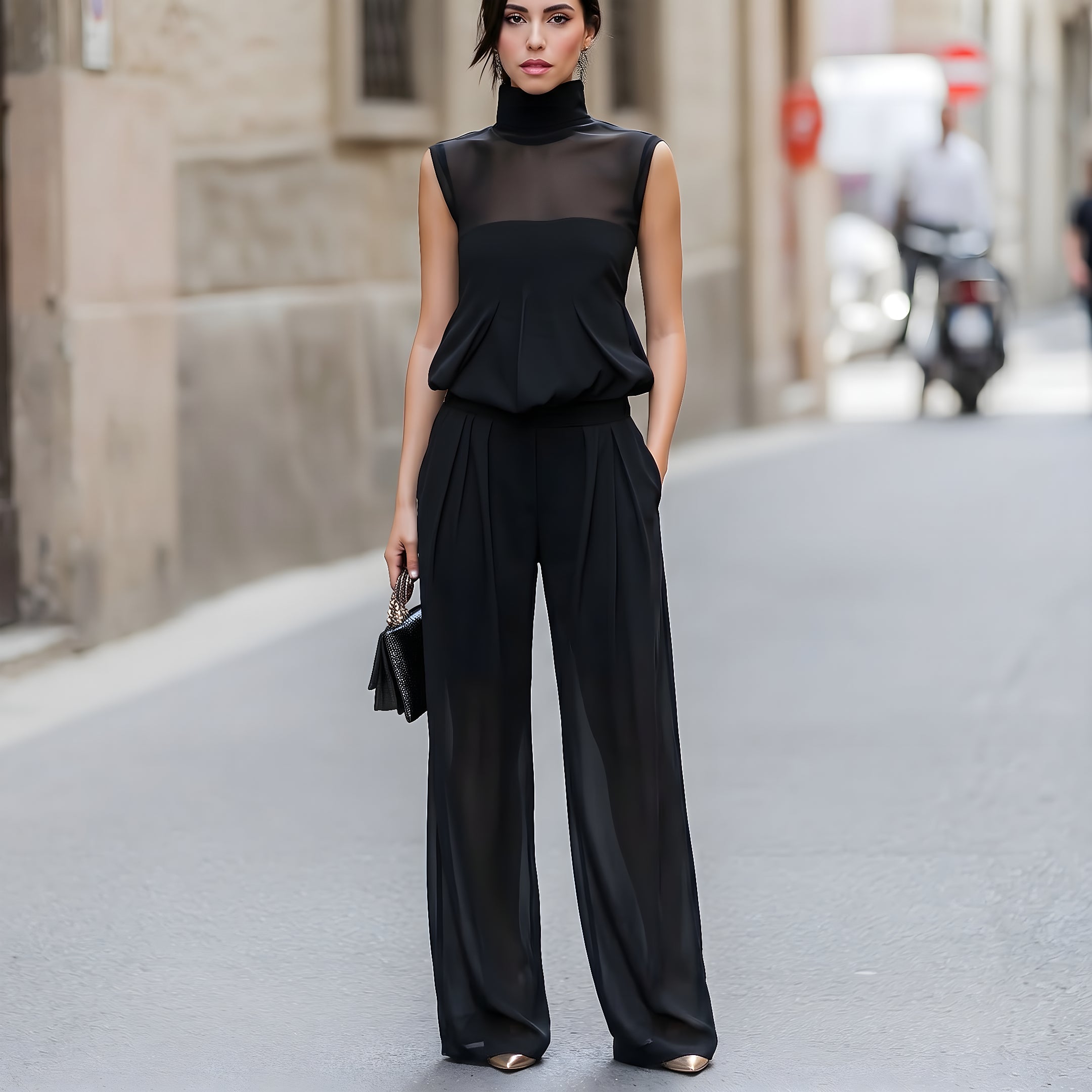 Sheer Panel High-Neck Sleeveless Top And Wide-Leg Trousers Set