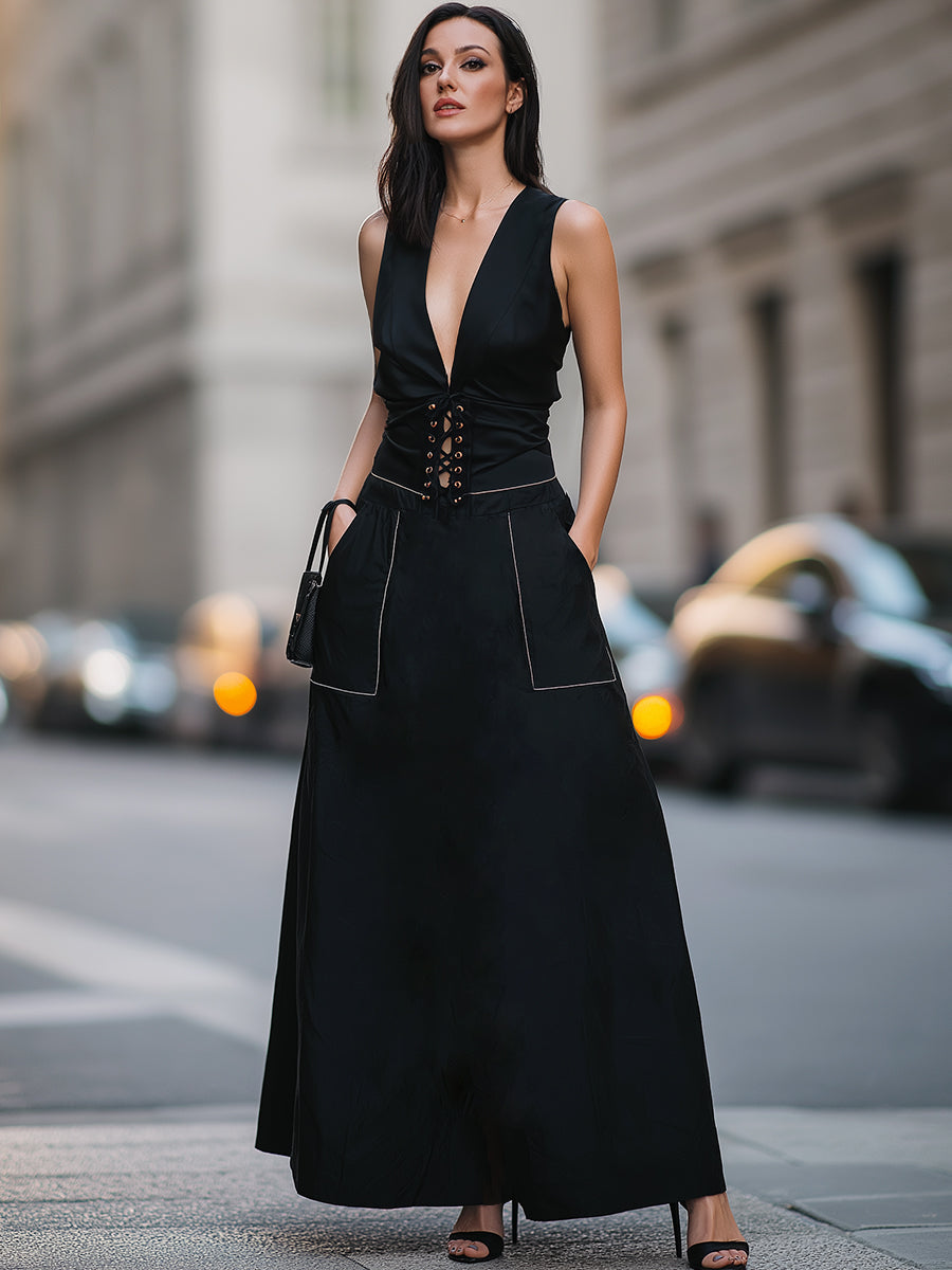 Deep V Lace-Up Corset Waist Sleeveless Maxi Dress