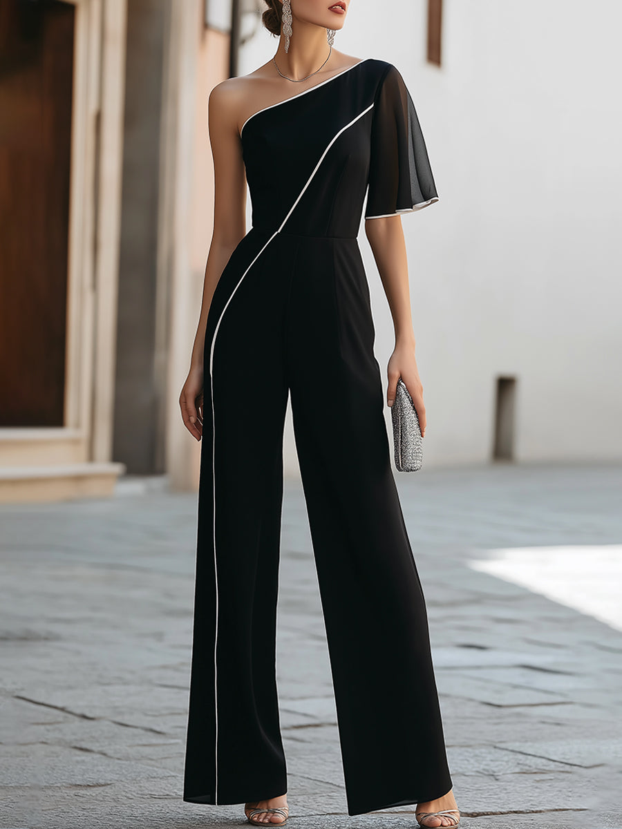 One-Shoulder Chiffon Sleeve Wide-Leg Jumpsuit