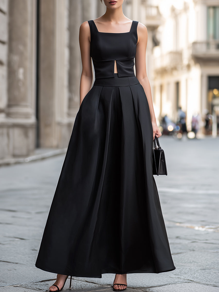 Square Neck Cutout Waist Structured A-Line Midi Dress