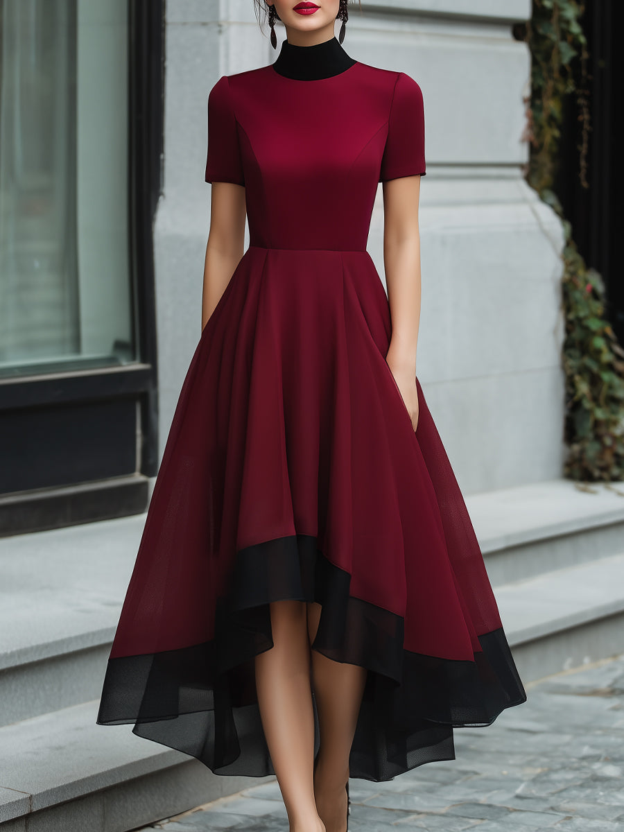 Kontrast-Hem High-Neck Fit-and-Flare Midikleid