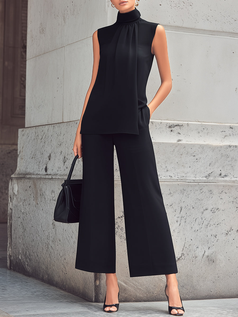 High Neck Pleated Front Sleeveless Top And Wide-Leg Pants Set