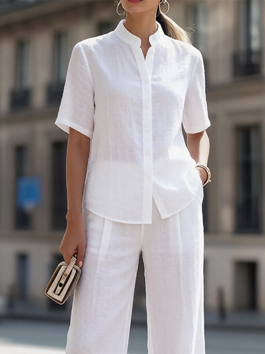 Stand Collar Short-Sleeve Shirt & High-Waisted Wide-Leg Pants Two-Piece Set