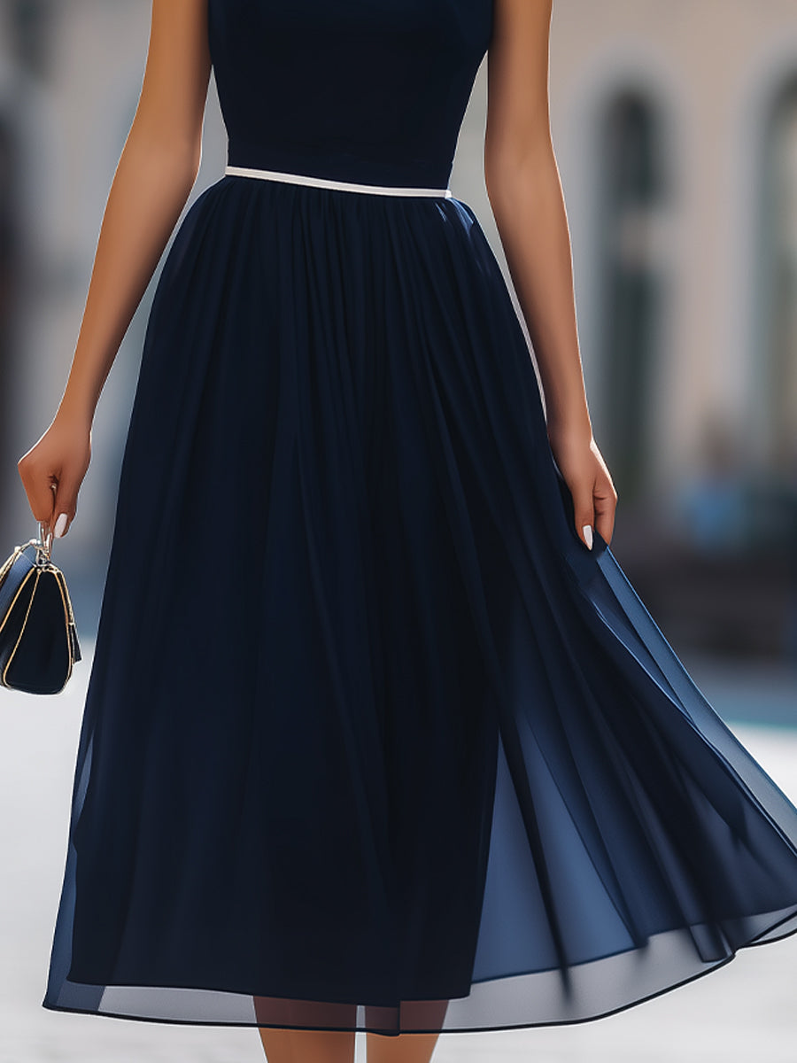 Navy Sleeveless White-Trimmed Skirt Midi Dress