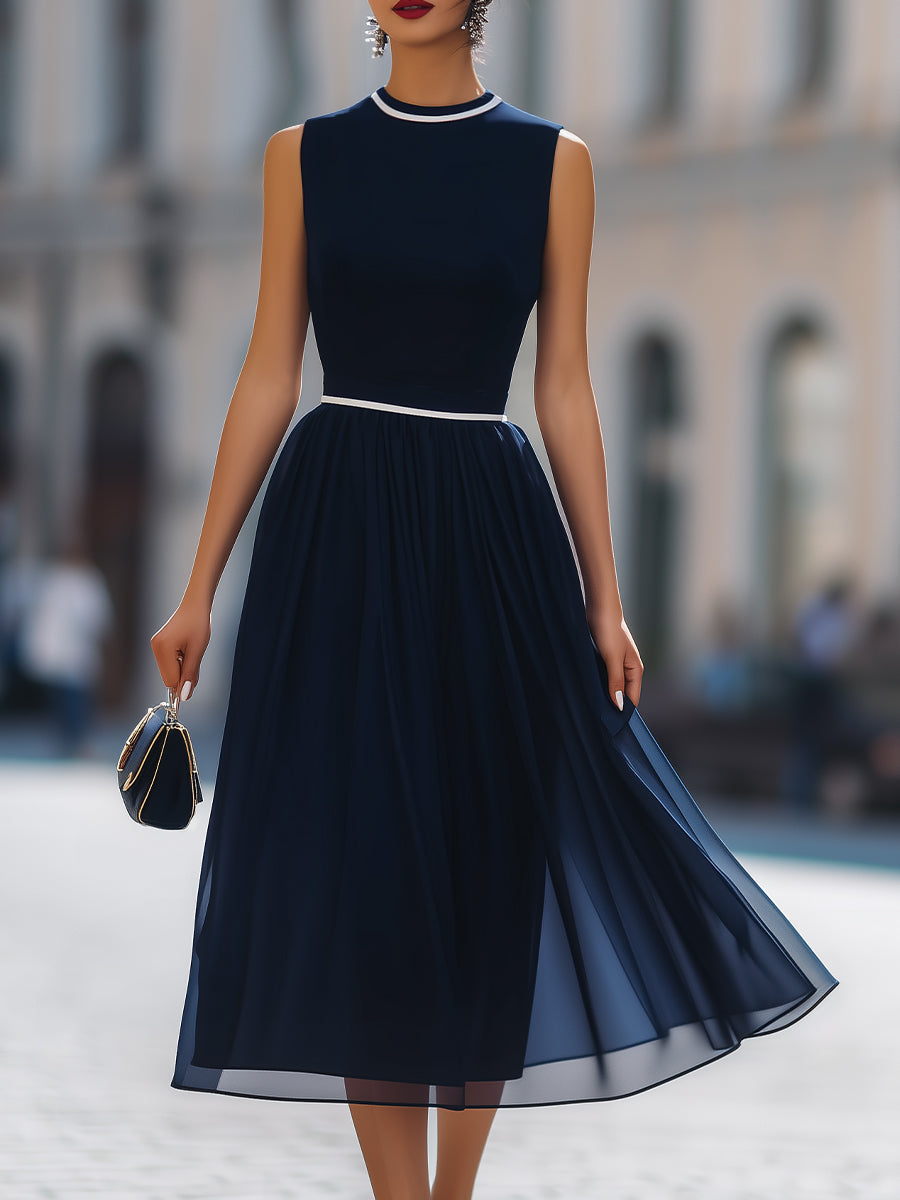 Navy Sleeveless White-Trimmed Skirt Midi Dress