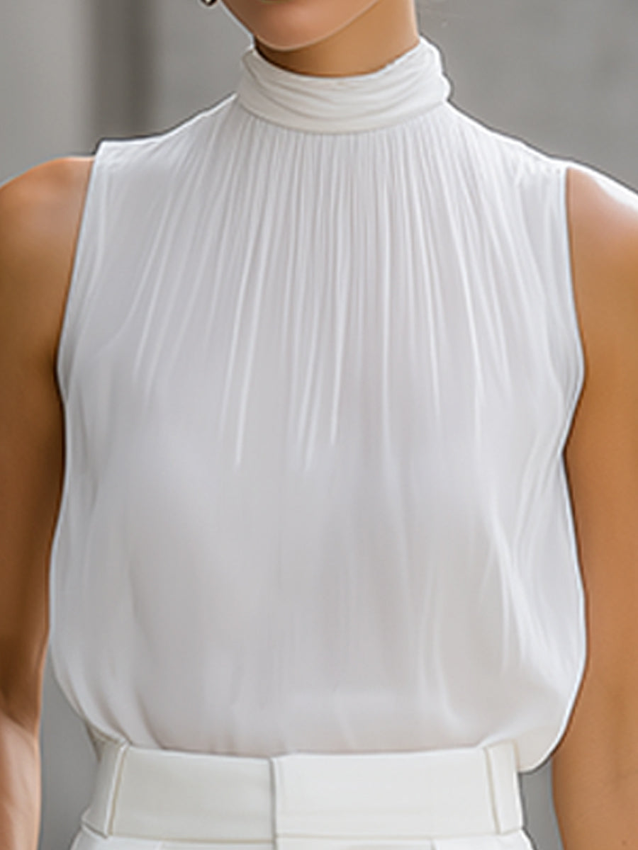 Pleated High-Neck Sleeveless Top With Tailored Straight-Leg Trousers Set