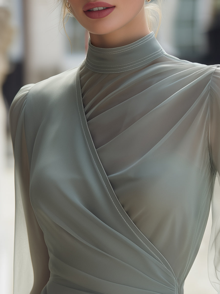 Sheer High-Neck Draped Blouse With Soft Pleated
