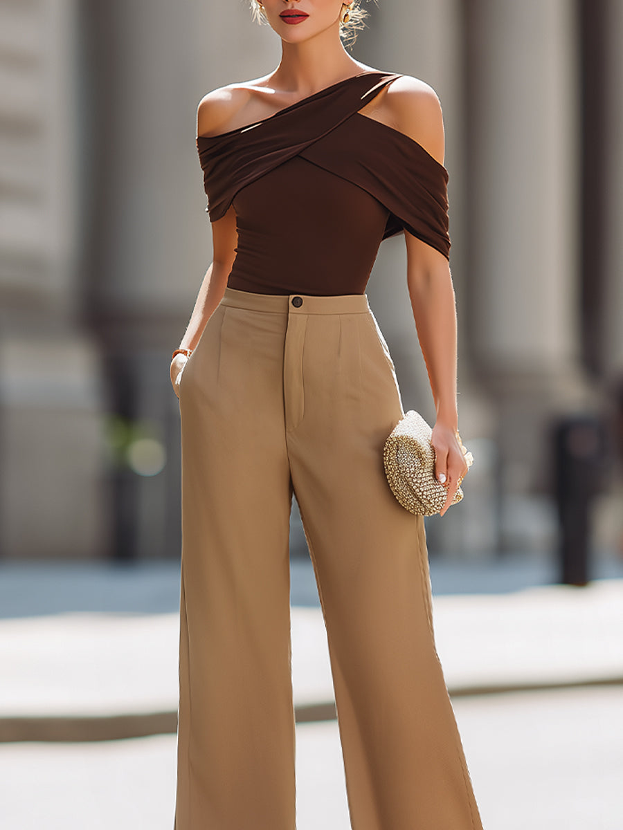 Dalviora™ | Ensemble Top Drapé Asymétrique Épaule Dénudée Et Pantalon Jambes Larges Taille Haute