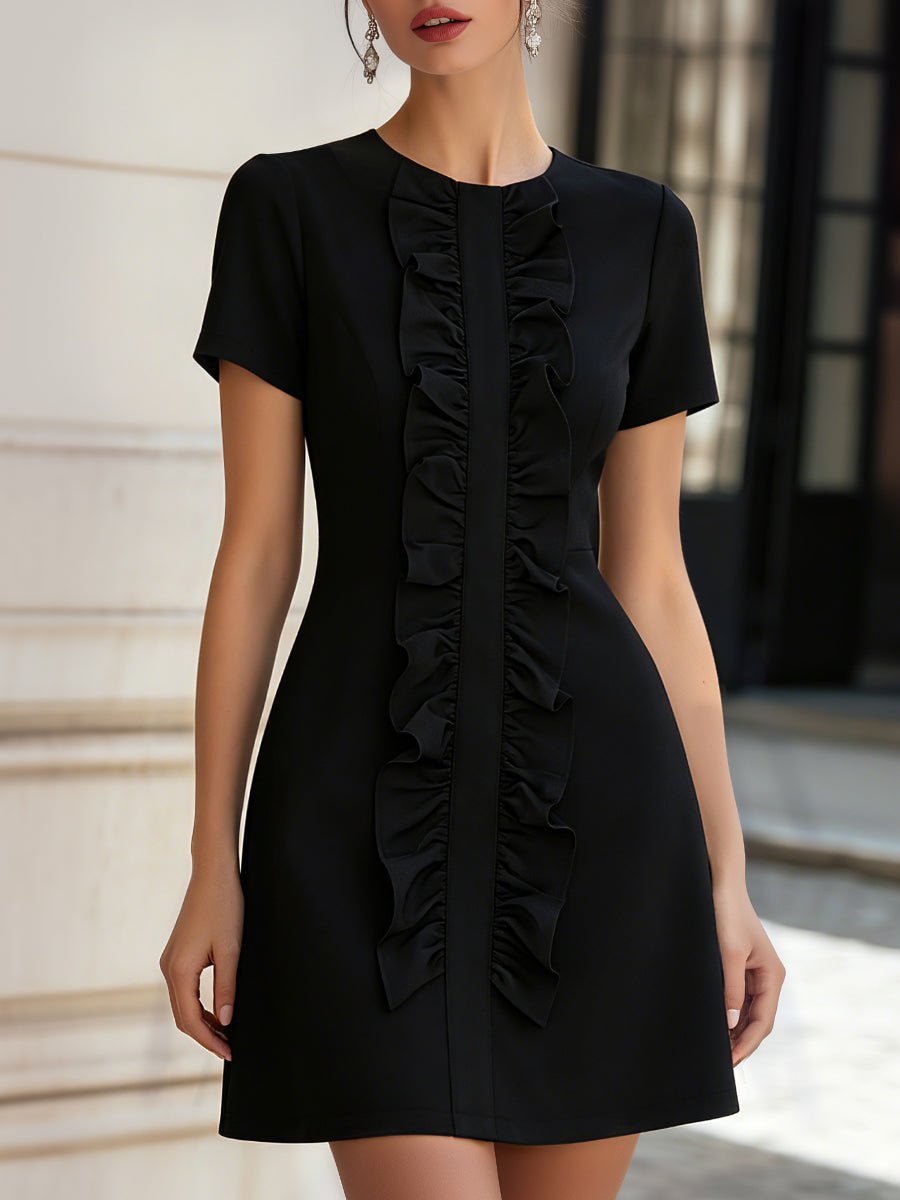 Ruffled Front Short-Sleeve Structured Mini Dress