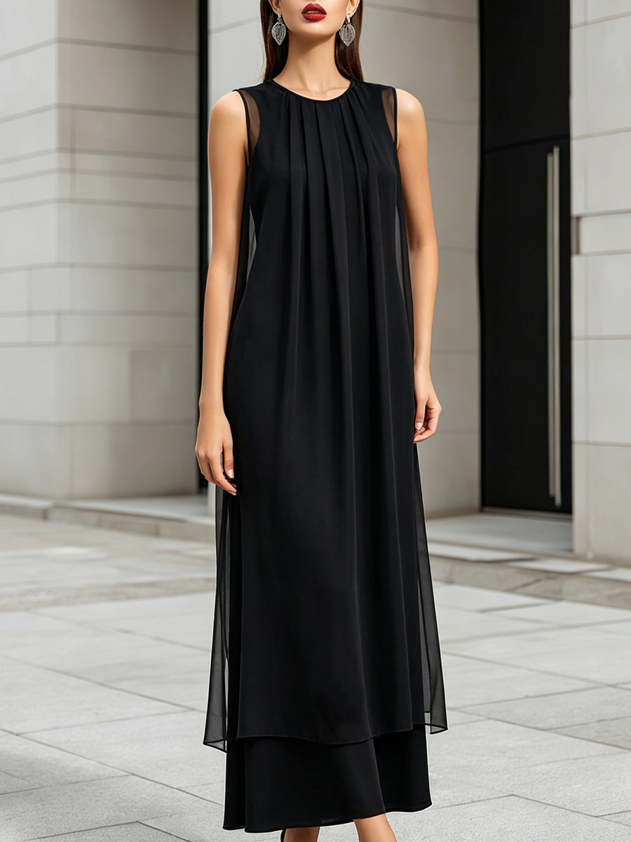 Layered Sheer Panel Pleated Sleeveless Midi Dress