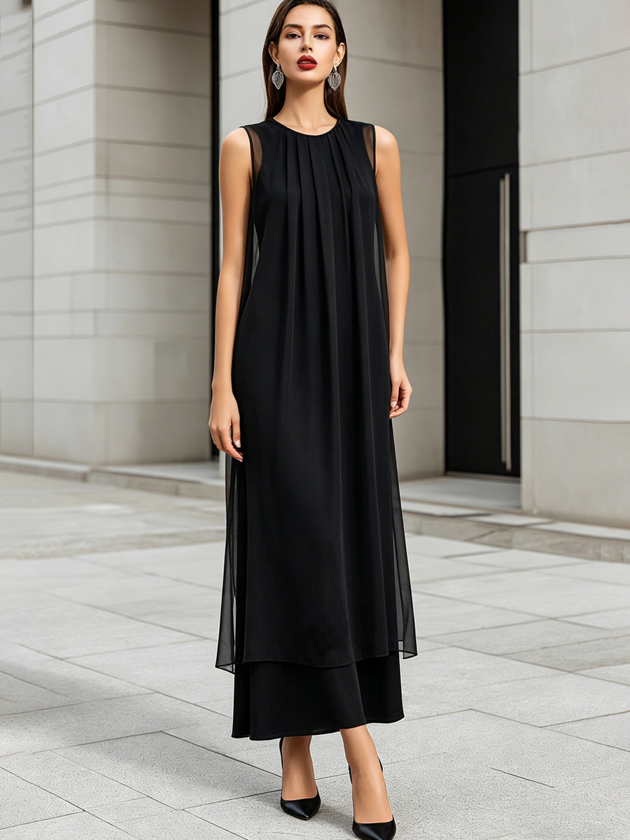 Layered Sheer Panel Pleated Sleeveless Midi Dress