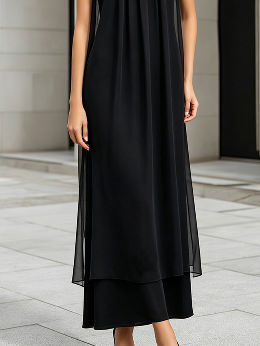 Layered Sheer Panel Pleated Sleeveless Midi Dress