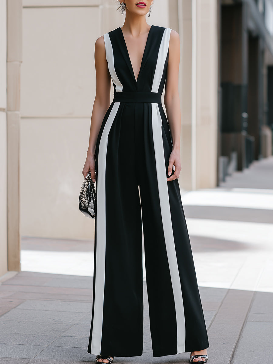 Deep V Contrast Panel Sleeveless Wide-Leg Jumpsuit
