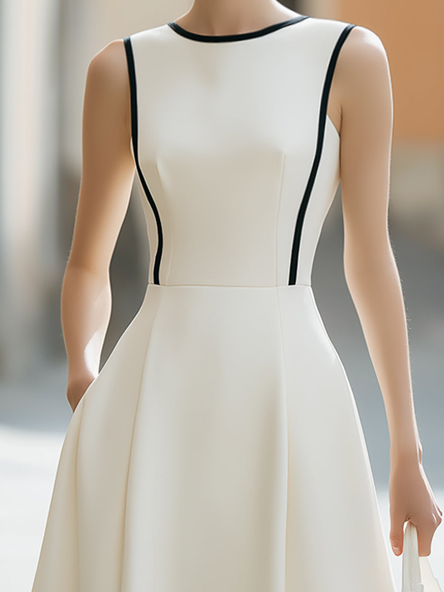 Ärmelloses Midi-Kleid in A-Linie mit kontrastierender Paspelierung und Struktur