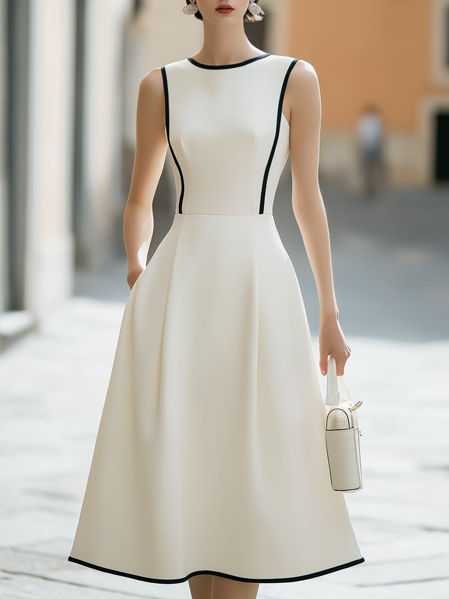 Ärmelloses Midi-Kleid in A-Linie mit kontrastierender Paspelierung und Struktur