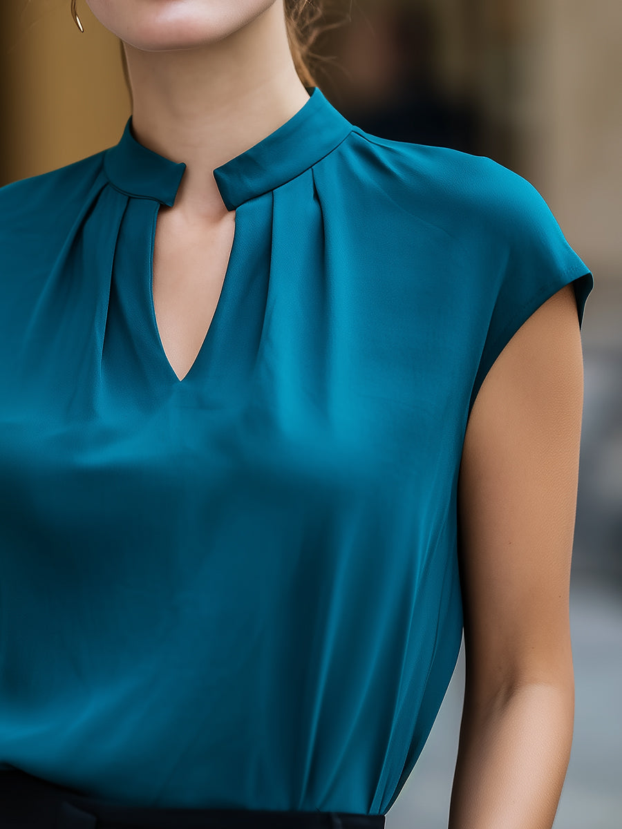 Teal Keyhole Neckline Cap-Sleeve Blouse