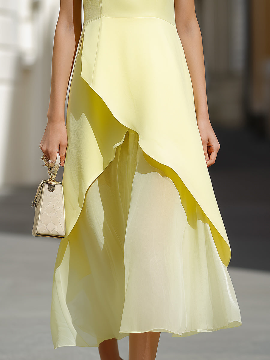 Asymmetric Layered Ruffle Hem Sleeveless Midi Dress