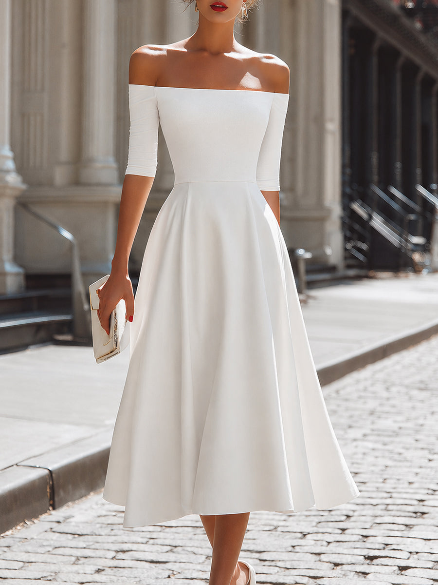 Off-Shoulder Fitted Bodice A-Line Midi Dress