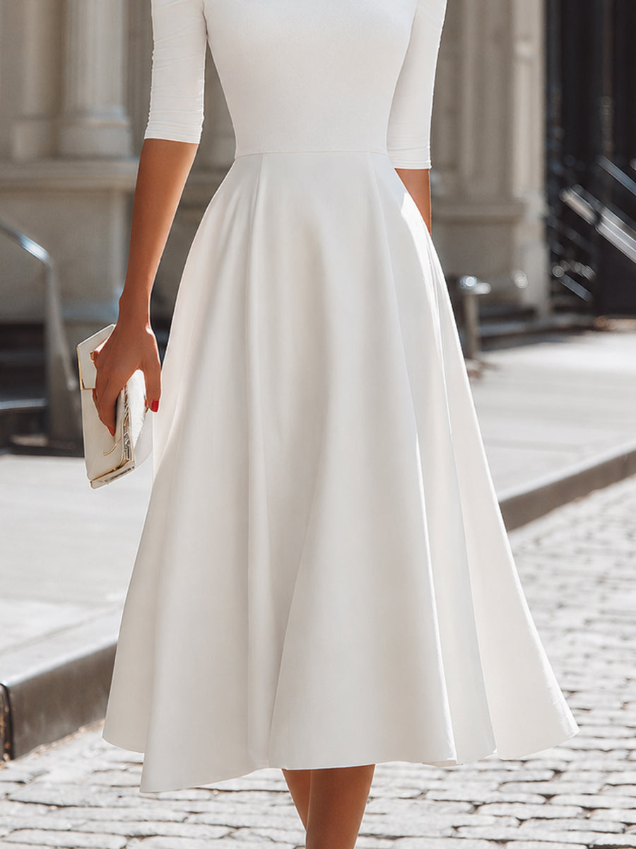 Off-Shoulder Fitted Bodice A-Line Midi Dress