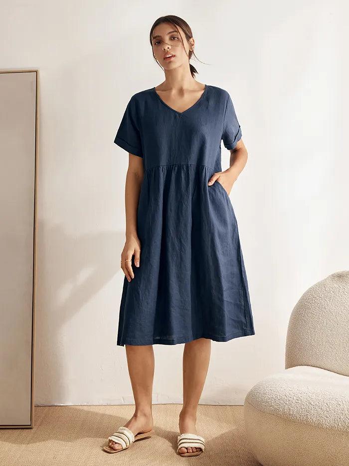 Dalviora™ | Robe Midi Lin CHARLOTTE – Col V Taille Froncée Poches Femme