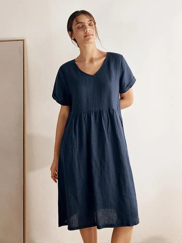 Dalviora™ | Robe Midi Lin CHARLOTTE – Col V Taille Froncée Poches Femme