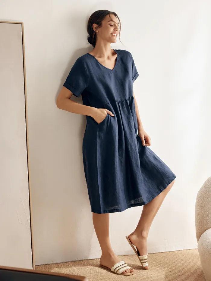 Dalviora™ | Robe Midi Lin CHARLOTTE – Col V Taille Froncée Poches Femme