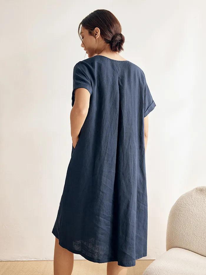 Dalviora™ | Robe Midi Lin CHARLOTTE – Col V Taille Froncée Poches Femme