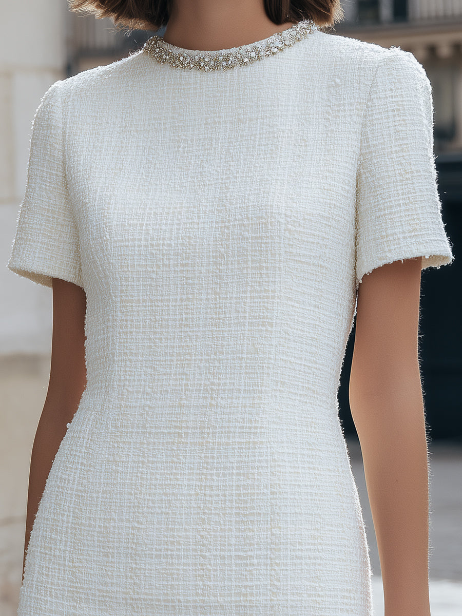 Tweed Mini Dress With Crystal Embellished Neckline