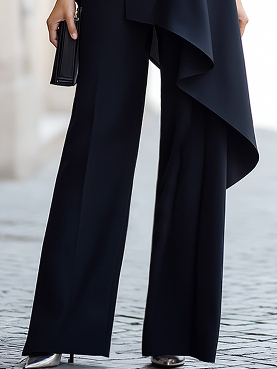 High-Neck Asymmetric Peplum Top And Wide-Leg Trousers Set