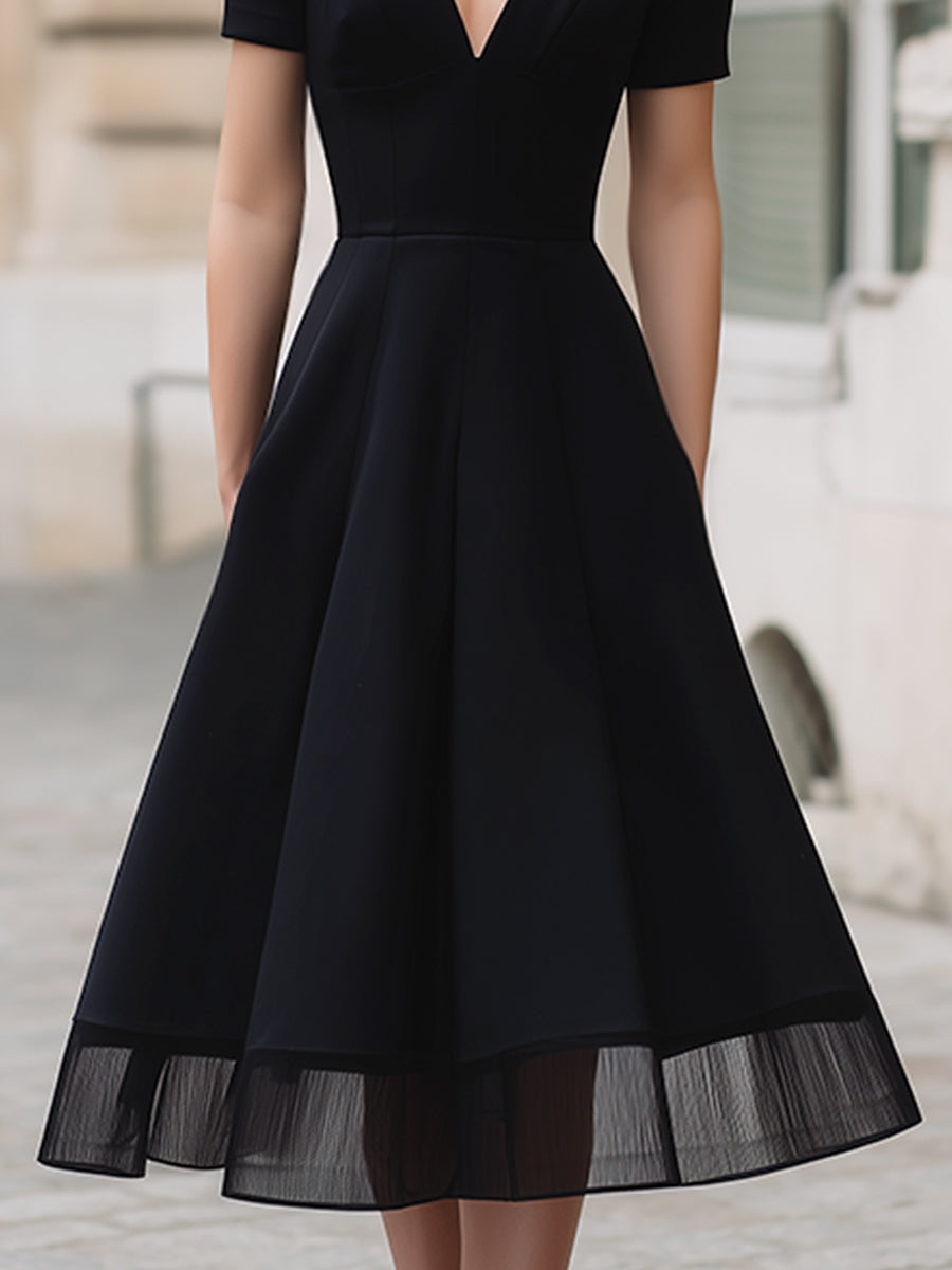 Deep V-Neck Short Sleeve Sheer Hem A-Line Midi Dress