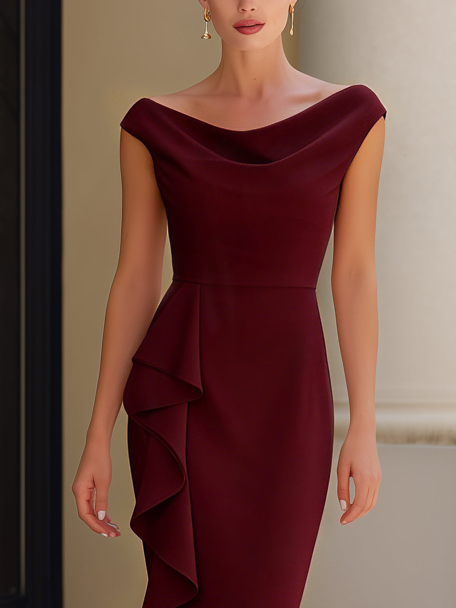 Off-Shoulder Draped Ruffle Detail Sheath Dress