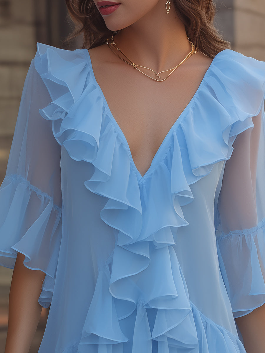 Layered Ruffle V-Neck Chiffon Mini Dress