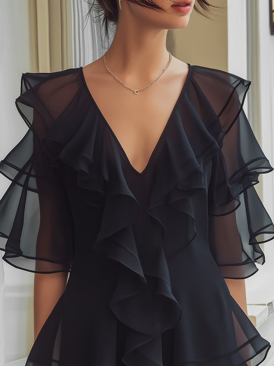 Layered Ruffle V-Neck Chiffon Mini Dress