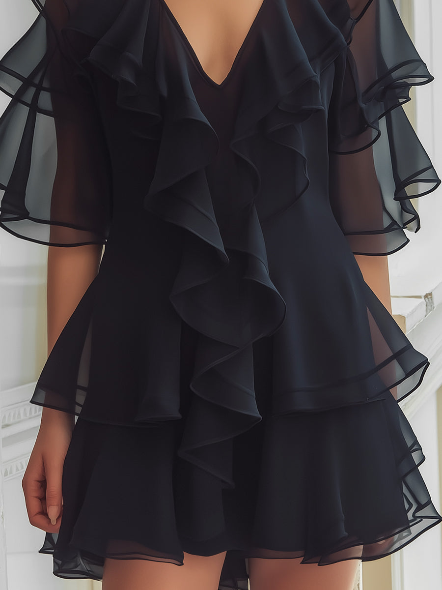 Layered Ruffle V-Neck Chiffon Mini Dress