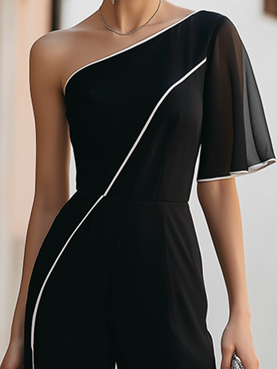 One-Shoulder Chiffon Sleeve Wide-Leg Jumpsuit