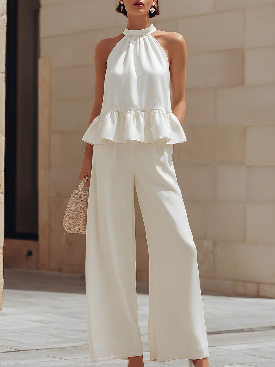 Halter Neck Ruffle Peplum Wide-Leg Two-Piece Set