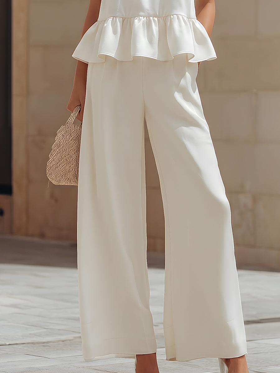 Halter Neck Ruffle Peplum Wide-Leg Two-Piece Set