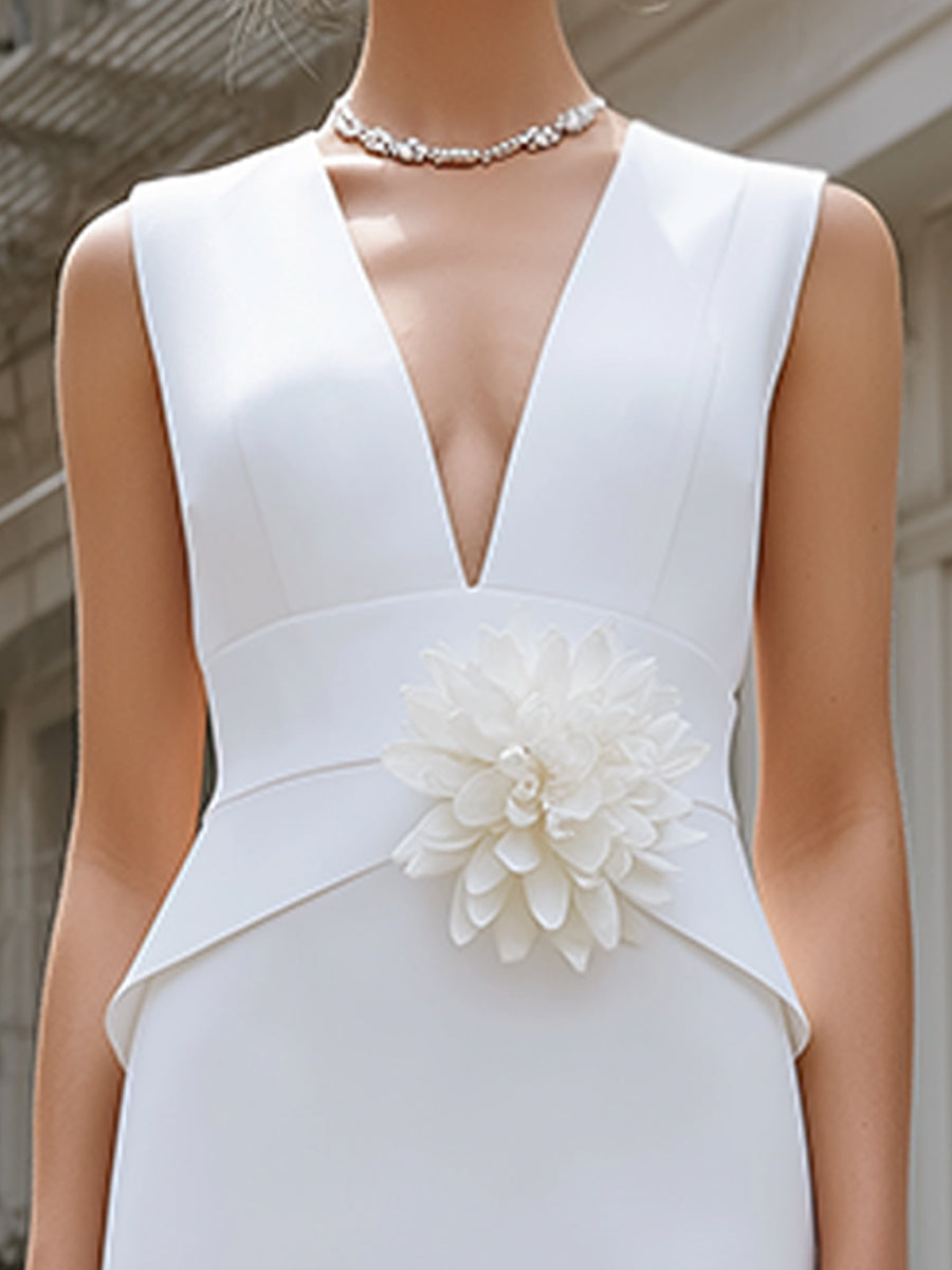 Deep V-Neck Floral Waist Detail Sleeveless Structured Pencil Midi Dress