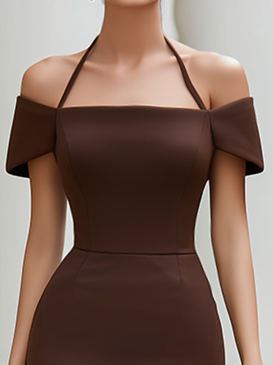 Off-Shoulder Halter Strap Structured Pencil Midi Dress