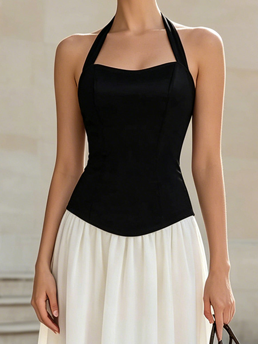 Dalviora™ | Robe Midi Col Halter Noir Et Blanc